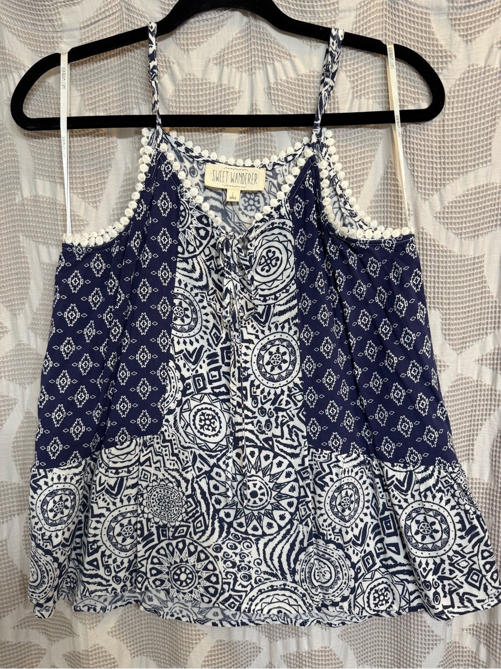 Sweet Wanderer Navy & White Printed Spaghetti-Strap Cold Shoulder Tank